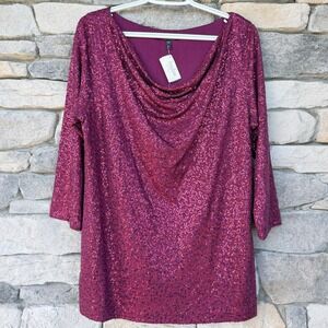 Eileen Fisher NWT Silk Sequin Cowl Neck Blouse Top Burgundy Plum M